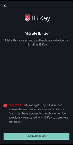 The migrate IB Key page on the Android phone. 